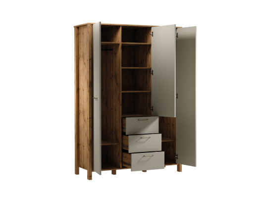 Kaappi koukuilla, hyllyillä ja laatikoilla