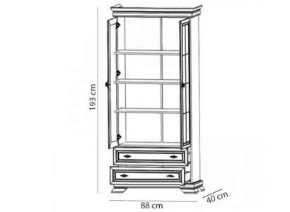 Vanha vitriinikaappi laatikoilla