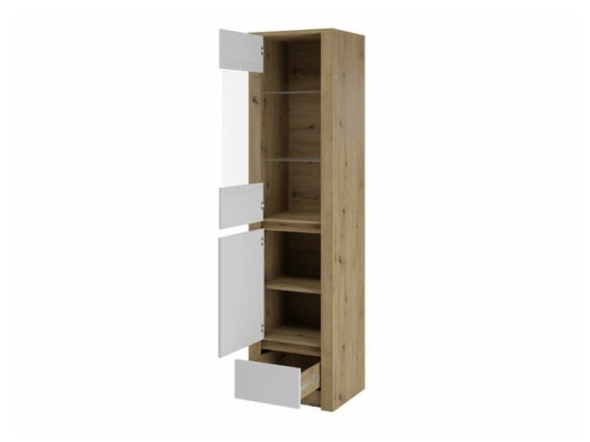 Lasinen vitriini lasiovilla, lasihyllyillä ja laatikolla