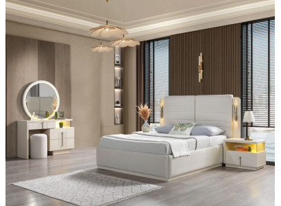 Verhoiltu sänky makuuhuoneeseen, jossa 2 modernia ja tyylikästä yöpöytää, 5 osan setti