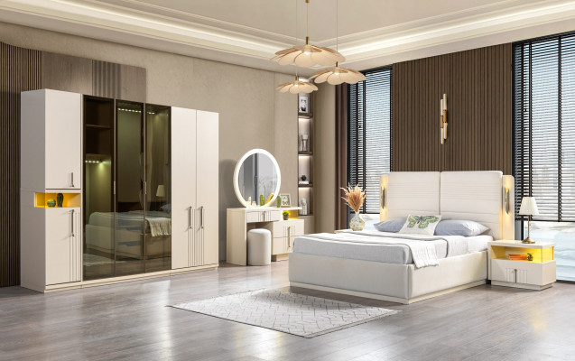 Moderni makuuhuoneen kalustesarja sänky kaappi yöpöydät