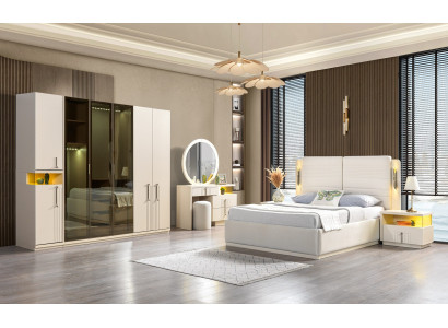 Moderni makuuhuoneen kalustesarja sänky kaappi yöpöydät