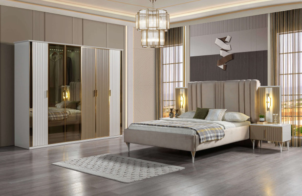 Makuuhuoneen kalustesarja, jossa sänky, 2 yöpöytää ja moderni kaappi, 4 osaa