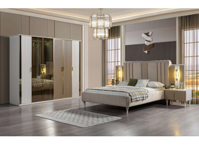 Makuuhuoneen kalustesarja, jossa sänky, 2 yöpöytää ja moderni kaappi, 4 osaa