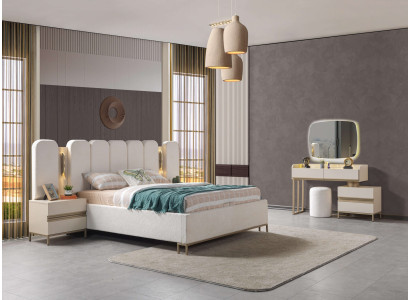 Täydellinen makuuhuoneen kalustesarja, jossa on lipasto, peili, sänky ja yöpöydät