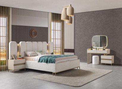 Täydellinen makuuhuoneen kalustesarja, jossa on lipasto, peili, sänky ja yöpöydät