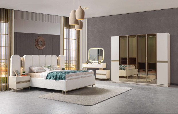 Koko 6-osainen makuuhuoneen kalustesarja modernilla sängyllä, kaapilla ja yöpöydillä