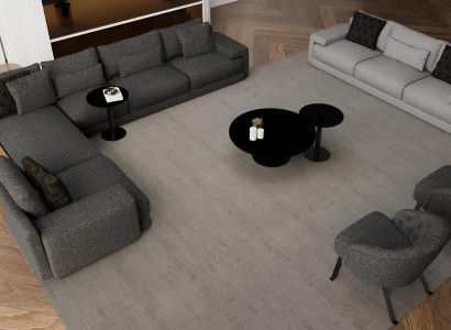 Tyylikäs kulmasohva kahdella nojatuolilla, jossa on suunnittelun ja mukavuuden harmonia