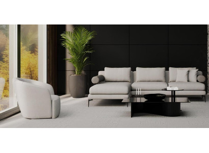 Kulmasohva nojatuolilla, jossa mukavuus asuu