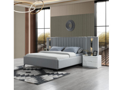 Makuuhuoneen kalustesarja, jossa sänky ja 2 modernia yöpöytää