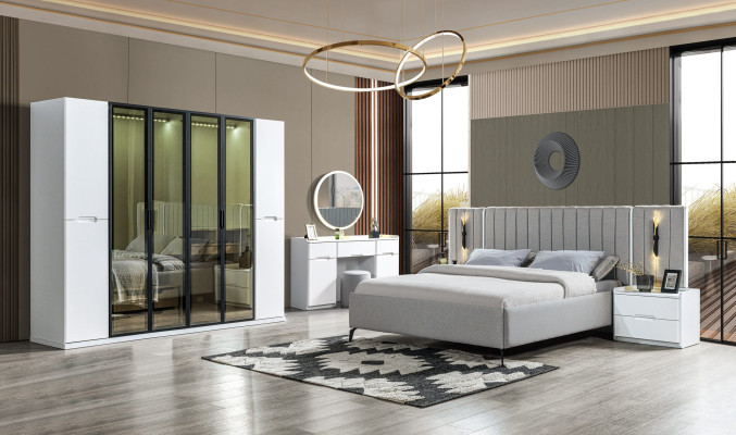 Täydellinen 4-osainen makuuhuoneen kalustesarja sänky vaatekaappi yöpöydät puu 6 osaa