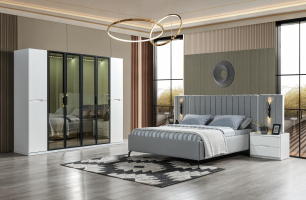 Täydellinen 4-osainen makuuhuoneen kalustesarja sänky vaatekaappi yöpöydät puusta