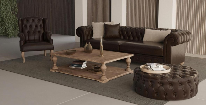 Tyylikäs sohva, nojatuoli ja puffi. Todellinen mukavuus