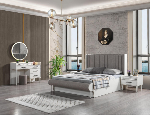 Moderni 5-osainen makuuhuoneen kalustus. Sänky, yöpöydät, kaappi