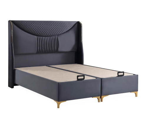 Moderni harmaa sänky tekstiili- ja puupatjalla