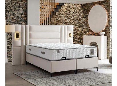 Tyylikäs valkoinen sänky tekstiili- ja puupatjalla