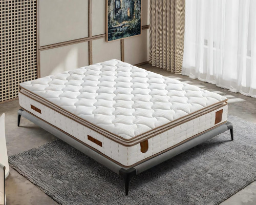 Harmaa sänky, jossa tekstiili- ja puupatja, moderni muotoilu