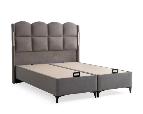 Harmaa sänky, jossa tekstiili- ja puupatja, moderni muotoilu