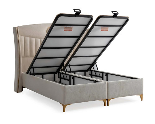 Tyylikäs sänky vaaleanbeigellä tekstiili- ja puupatjalla