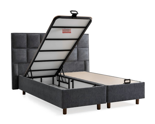 Moderni harmaa sänky tekstiili- ja puupatjalla