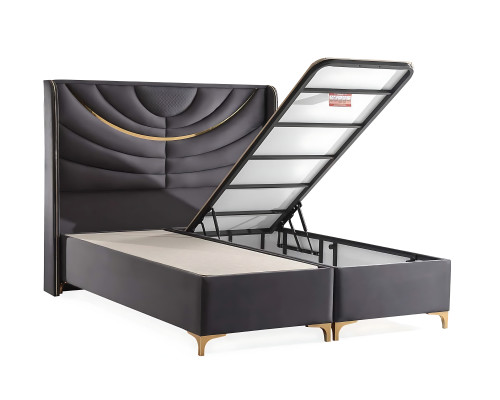 Tyylikäs harmaa sänky tekstiili- ja puupatjalla