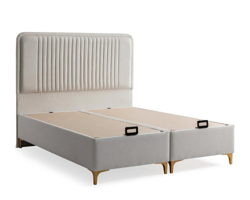 Tyylikäs sänky vaaleanbeigellä tekstiili- ja puupatjalla