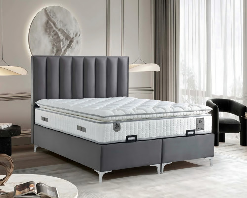 Tyylikäs harmaa sänky tekstiili- ja puupatjalla