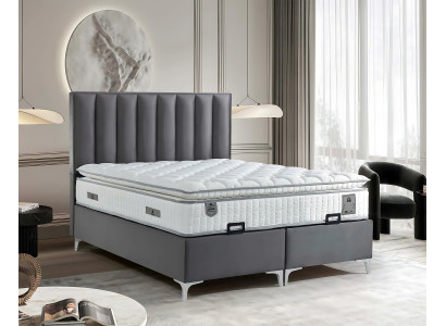 Tyylikäs harmaa sänky tekstiili- ja puupatjalla