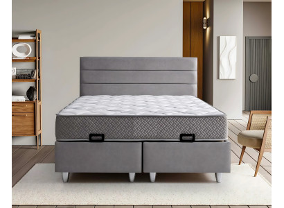 Tyylikäs harmaa sänky tekstiili- ja puupatjalla