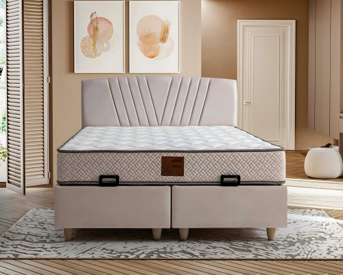 Tyylikäs sänky vaaleassa tekstiilissä ja puussa