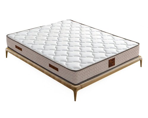 Tyylikäs sänky vaaleassa tekstiilissä ja puussa