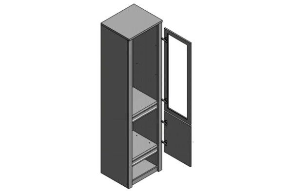Lasikaappi laatikolla ja lasihyllyillä