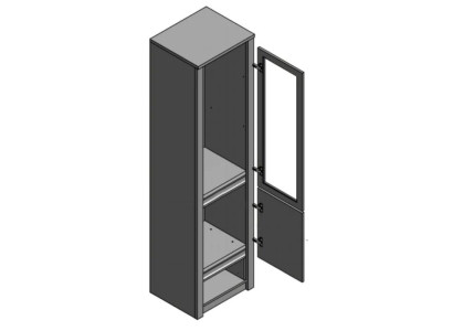 Lasikaappi laatikolla ja lasihyllyillä