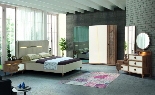 Makuuhuoneen setti: sänky, 2x yöpöytää, 5-osainen design tekstiili, puu, vaatekaappi