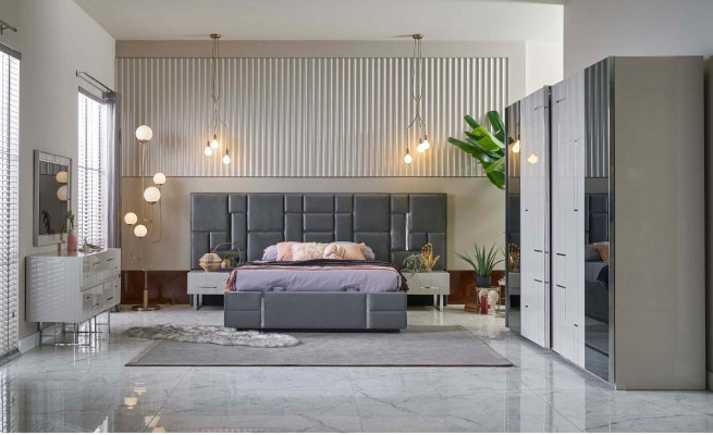 Bettrahmen Schlafzimmer Doppelbett Grau Holz Set 6tlg Kleiderschrank    Sänkykehykset makuuhuone parisänky harmaa puu sarja 6 kpl vaatekaappi