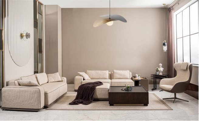 Soittogarnituuri kolmen hengen sohvalla kangassohva beige nojatuolisarja