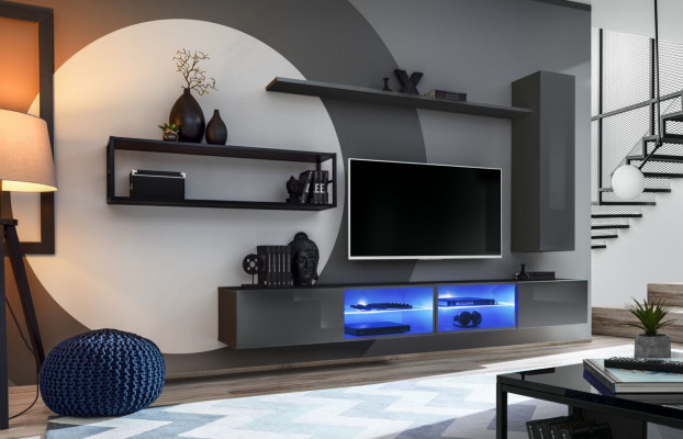 Grau Komplett Wohnwand Wohnzimmermöbel Luxus Wandschrank Wand Regale Neu