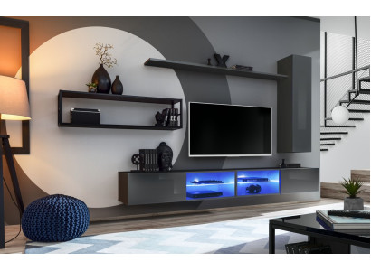 Grau Komplett Wohnwand Wohnzimmermöbel Luxus Wandschrank Wand Regale Neu