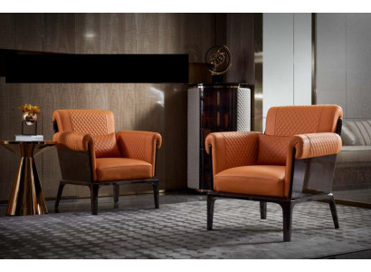 Sessel Oranssi Nahka Tuoli Lehn Moderni Design Huonekalu Luksus Olohuone Puu Uusi