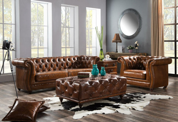 Vintage Chesterfield sohvakalusto nahka-istuin 3+1 -istuttava 2-osainen sarja.