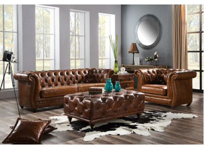 Vintage Chesterfield sohvakalusto nahka-istuin 3+1 -istuttava 2-osainen sarja.