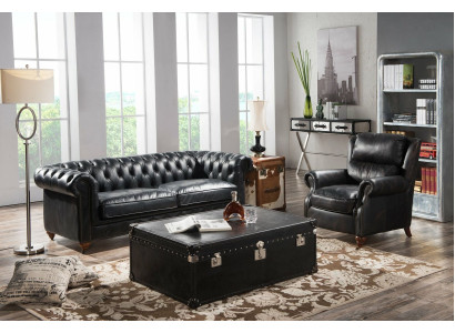 Chesterfield 3-istuttava sofa ja nojatuoli musta vintage nahka 2-osainen huonekalu uusi