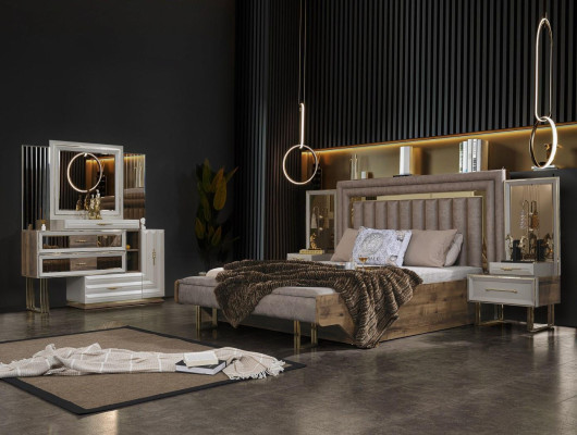 Makuuhuonekalut Parisänky Sänky Yöpöydät Konsoli Beige 4-osainen Luksus