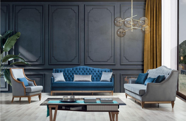 Moderni Sininen Chesterfield-sohvastiilikolmio, Designer-kolmioistuin, Luksus-nojatuoli