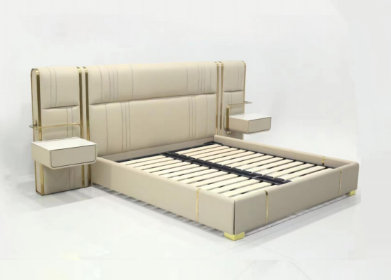 Beige makuuhuone parisänky suurella päädyllä design-puusängyt