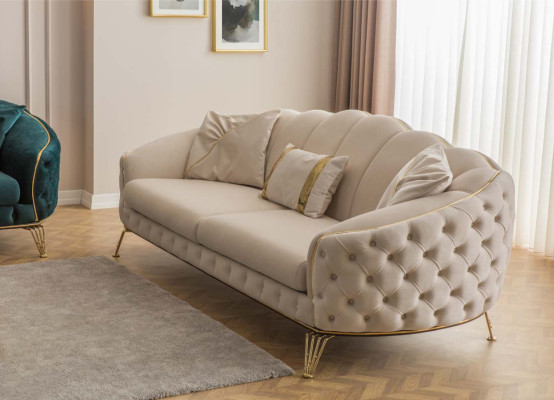 Moderni Chesterfield-beige olohuoneen sohvaryhmä x2 3-paikkainen nojatuoli
