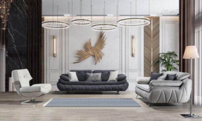 Olohuoneen 3-osainen setti mustavalkoinen 2x sohvaa ja nojatuoli moderni design tekstiili