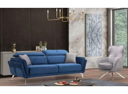 Hienostunut sohvakokonaisuus Sininen kolmen hengen sohva Designer-nojatuoli Verhoiltu huonekalu