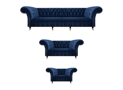Olohuoneen 3-osainen Chesterfield sininen tekstiili luxury sohvat design sisustus