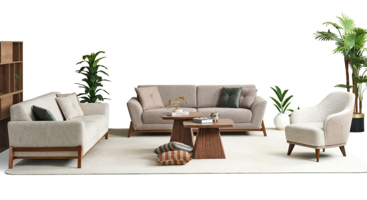 Couch-ryhmä Kolmen hengen sohva Nojatuoli Sofa Kangas Beige Kangassohva-sarja 3-osainen 3+3+1